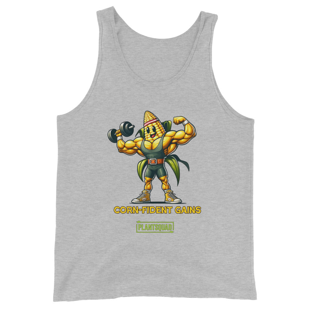 A black gym tank top featuring a muscular cartoon corn on the cob lifting a dumbbell. The corn character has sunglasses and a confident expression. The text below reads "CORN-FIDENT GAINS" and "PLANTSQUAD." Perfect for those seeking vegan workout clothes with style, this is the Plantsquad Corn "Corn-fident Gains" - Unisex Tank Top!