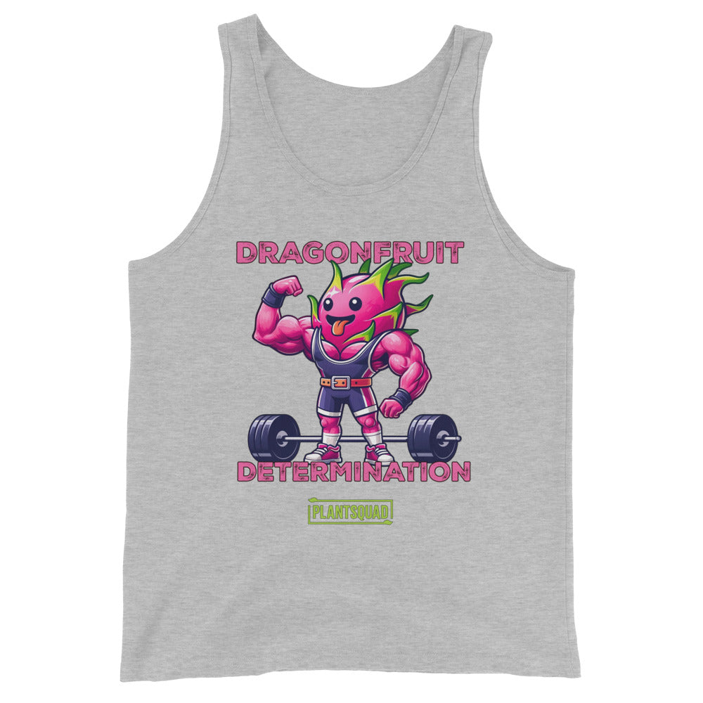 The Plantsquad Dragonfruit "Dragonfruit Determination" - Unisex Tank Top is a sleeveless black tank, showcasing a muscular, anthropomorphic dragon fruit character in a bodybuilding pose. Perfect for intense training sessions, it features "DRAGONFRUIT DETERMINATION" above and below the character, with a "PLANTSQUAD" logo at the bottom.