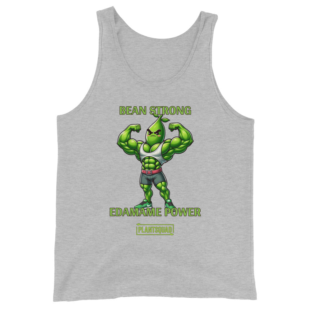 A black Plantsquad Edamame "Bean Strong Edamame Power" - Unisex Tank Top featuring an illustration of an anthropomorphic edamame bean flexing its arm muscles, perfect for gym enthusiasts. Above it in green text, it says "BEAN STRONG," and below it, "EDAMAME POWER." At the bottom, there is a green logo with the text "PLANTSQUAD." Embrace the vegan lifestyle!