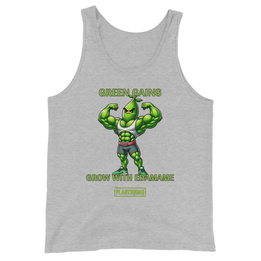 A black tank top showcases a muscly edamame bean character flexing, with the text "GREEN GAINS GROW WITH EDAMAME" above and below it, perfect for those embracing a plant-based lifestyle. Plantsquad Edamame "Green Gains Grow With Edamame" - Unisex Tank Top is marked at the bottom on a yellow tag.