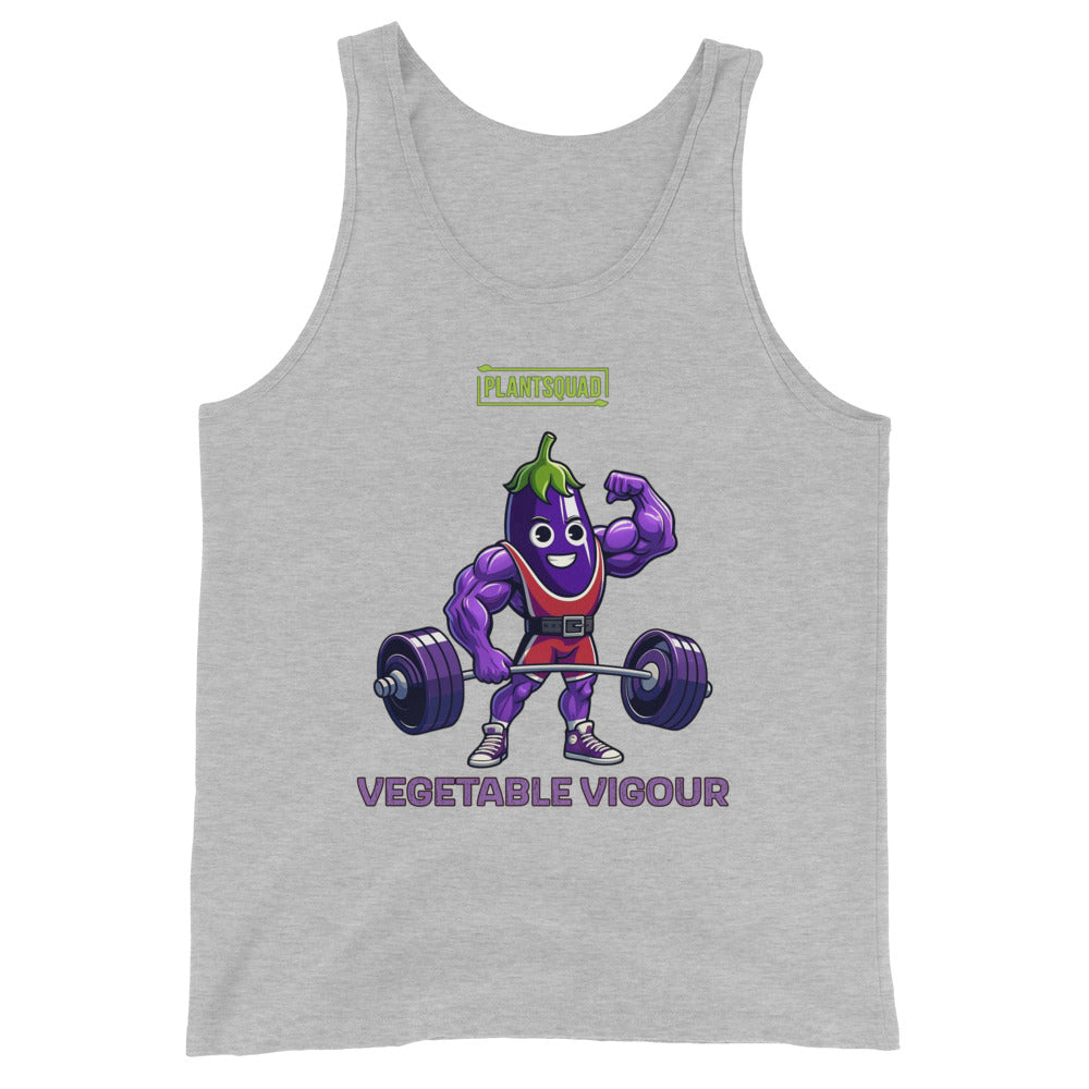 Black vegan tank top featuring a muscular, purple cartoon eggplant character lifting heavy barbells. The eggplant is smiling and flexing one arm. Perfect for gym enthusiasts with a plant-based lifestyle, this top has "PLANT SQUAD" above the character and "VEGETABLE VIGOUR" below in bold text. Introducing the Plantsquad Eggplant "Vegetable Vigour" - Unisex Tank Top.