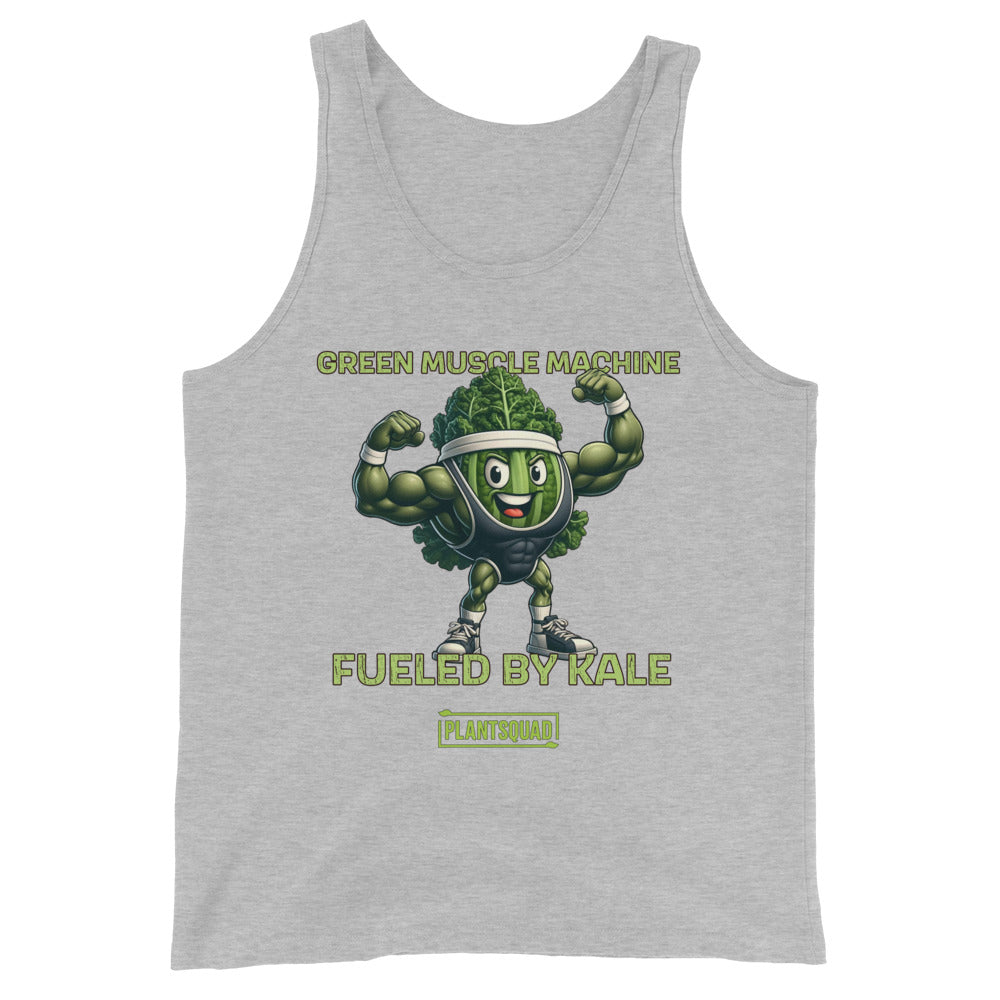 The Plantsquad Kale "Green Muscle Machine Fueled By Kale" - Unisex Tank Top features a muscly kale cartoon flexing its biceps. Above the graphic, the text reads "GREEN MUSCLE MACHINE," and below it, "FUELED BY KALE." At the bottom, the word "PLANTSQUAD" appears in a green banner. Perfect for vegan gym enthusiasts embracing a plant-based lifestyle.