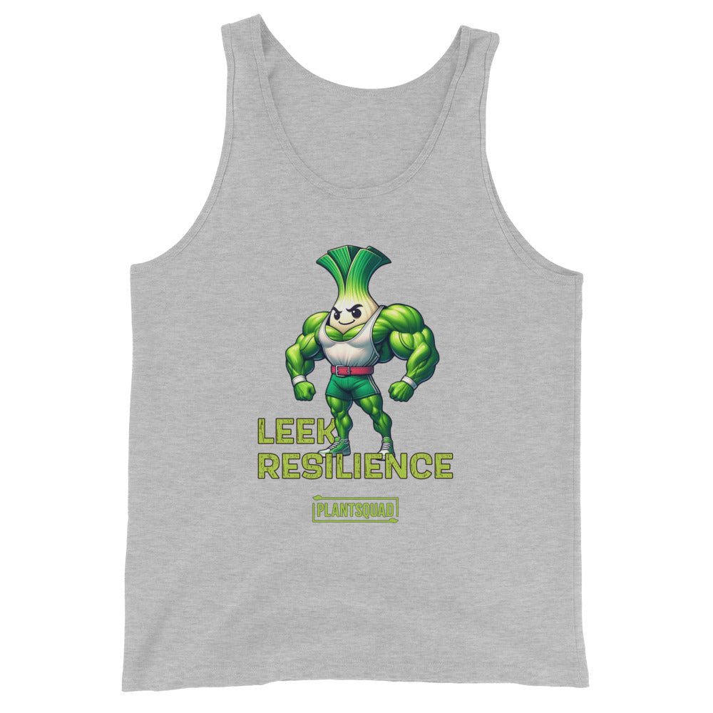 A Plantsquad Leek "Leek Resilience" - Unisex Tank Top featuring a muscular cartoon leek character. The text "LEEK RESILIENCE" is written in green below the character, and "PLANTSQUAD" is written at the bottom. Ideal for gym enthusiasts embracing a plant-based lifestyle, the leek has a determined expression and is flexing its arms.