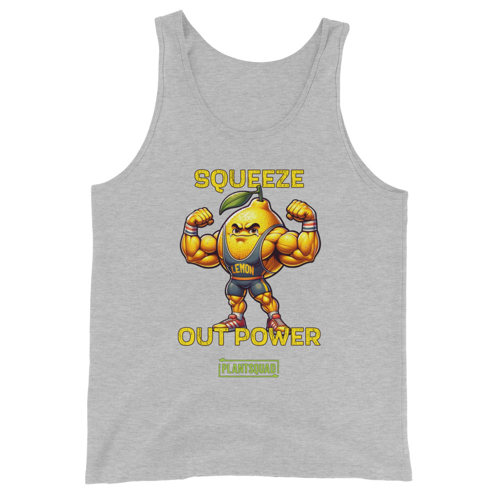 A Plantsquad Lemon "Squeeze Out Power" - Unisex Tank Top featuring a muscular cartoon lemon flexing its arms. The text above the lemon reads "SQUEEZE OUT POWER," and below it is "PLANTSQUAD." Perfect for anyone embracing a plant-based lifestyle, the lemon character is wearing a headband and sneakers.