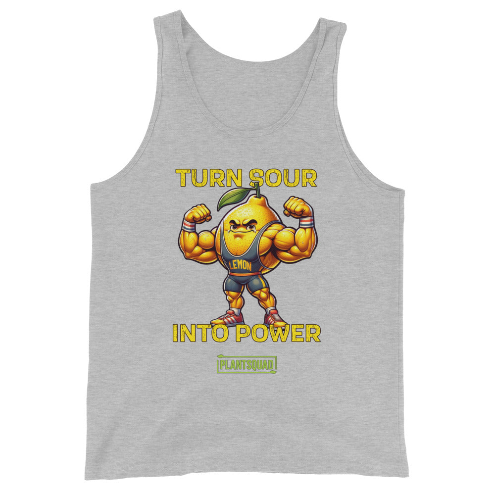 Black tank top with a muscular cartoon lemon flexing its arms. The lemon has a leaf on its head and is wearing a blue singlet labeled "LEMON." The text reads: "TURN SOUR INTO POWER," with a logo at the bottom reading "PLANTSQUAD." Perfect breathable workout tank for your plant-based lifestyle. Introducing the Plantsquad Lemon "Turn Sour Into Power" - Unisex Tank Top.