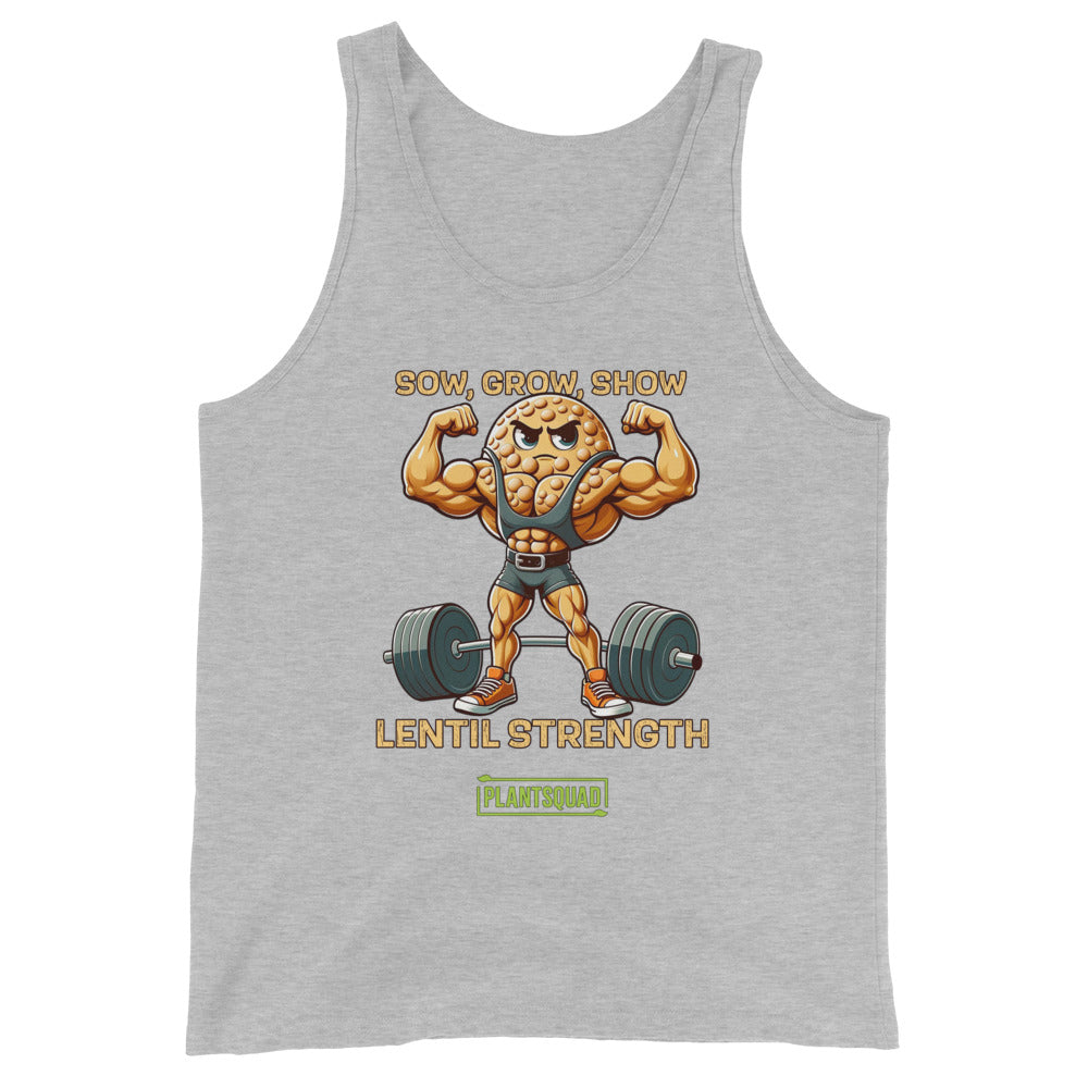 A black Plantsquad Lentil "Sow Grow Show Lentil Strength" - Unisex Tank Top featuring a cartoon lentil character with muscular arms lifting a barbell. The text above reads "Sow, Grow, Show" and below, "Lentil Strength." At the bottom, there's a green PLANTSQUAD logo. Perfect for those embracing a vegan lifestyle.