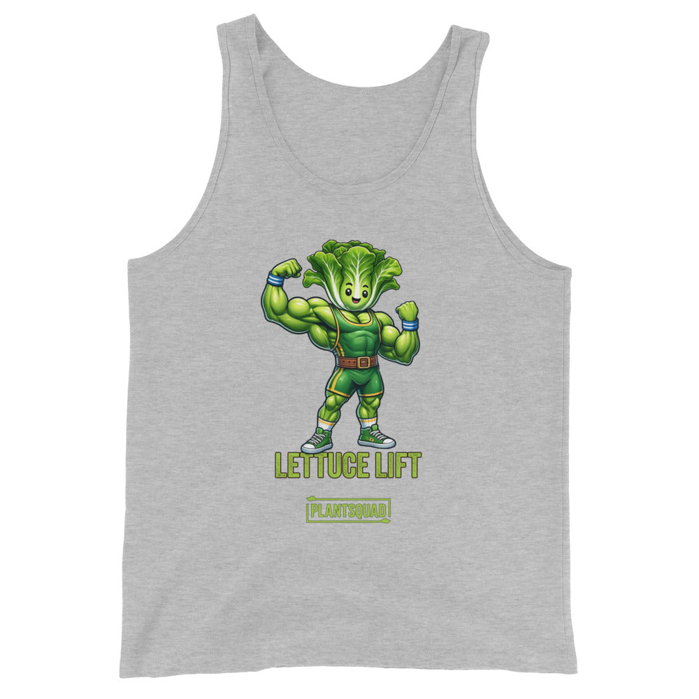 A Plantsquad Lettuce "Lettuce Lift" - Unisex Tank Top featuring a muscular cartoon lettuce character flexing its arms. Below the character, the text reads "LETTUCE LIFT" and "PLANTSQUAD" in green letters, perfect for showcasing your plant-based lifestyle and dedication to vegan gym apparel.