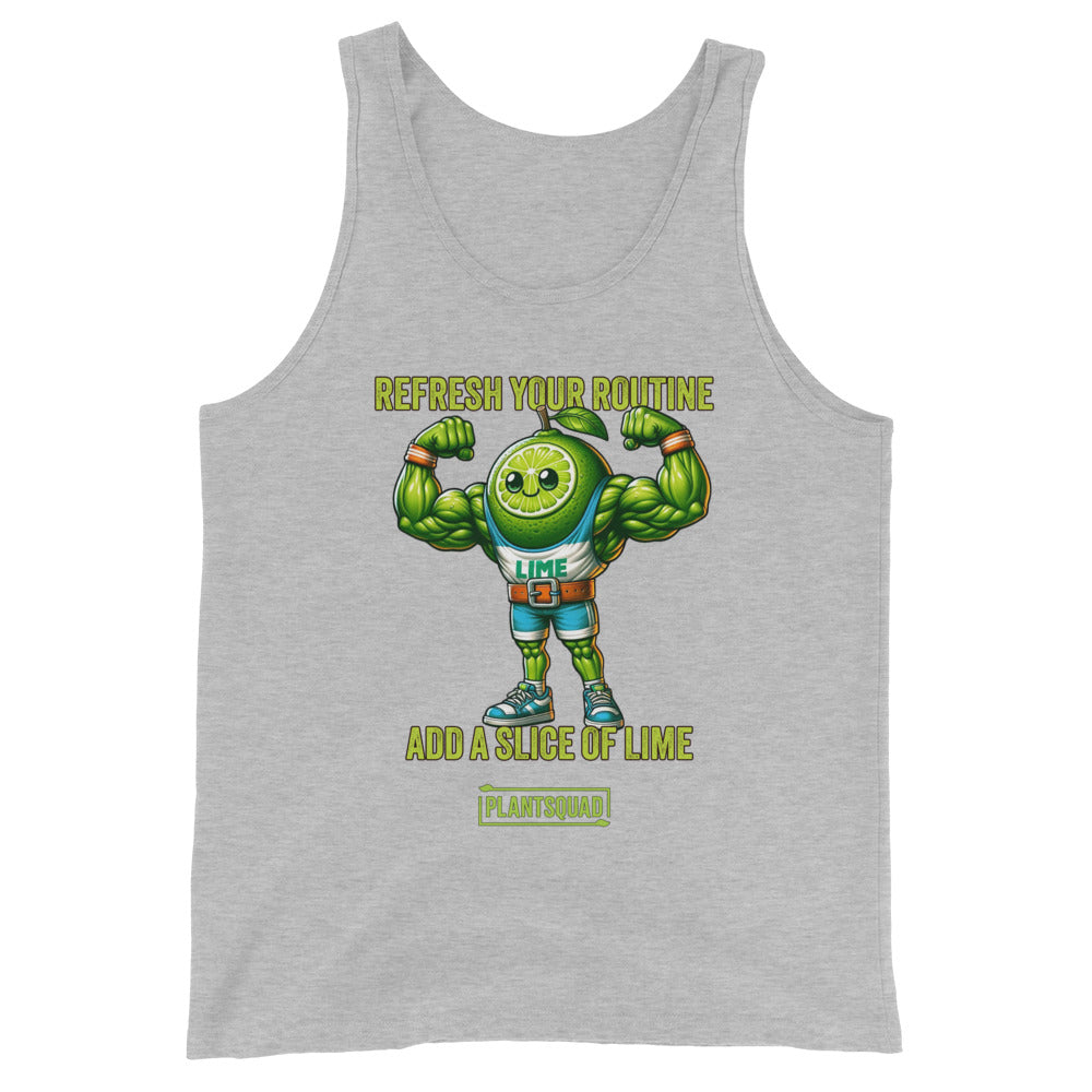 A Plantsquad Lime "Refresh Your Routine Add A Slice Of Lime" - Unisex Tank Top featuring an illustration of a muscular lime in an athletic outfit. The lime character is flexing its arms and smiling. Above the lime, text reads "REFRESH YOUR ROUTINE," and below, it says "ADD A SLICE OF LIME" with "PLANT SQUAD" at the bottom. Perfect for a vegan lifestyle!