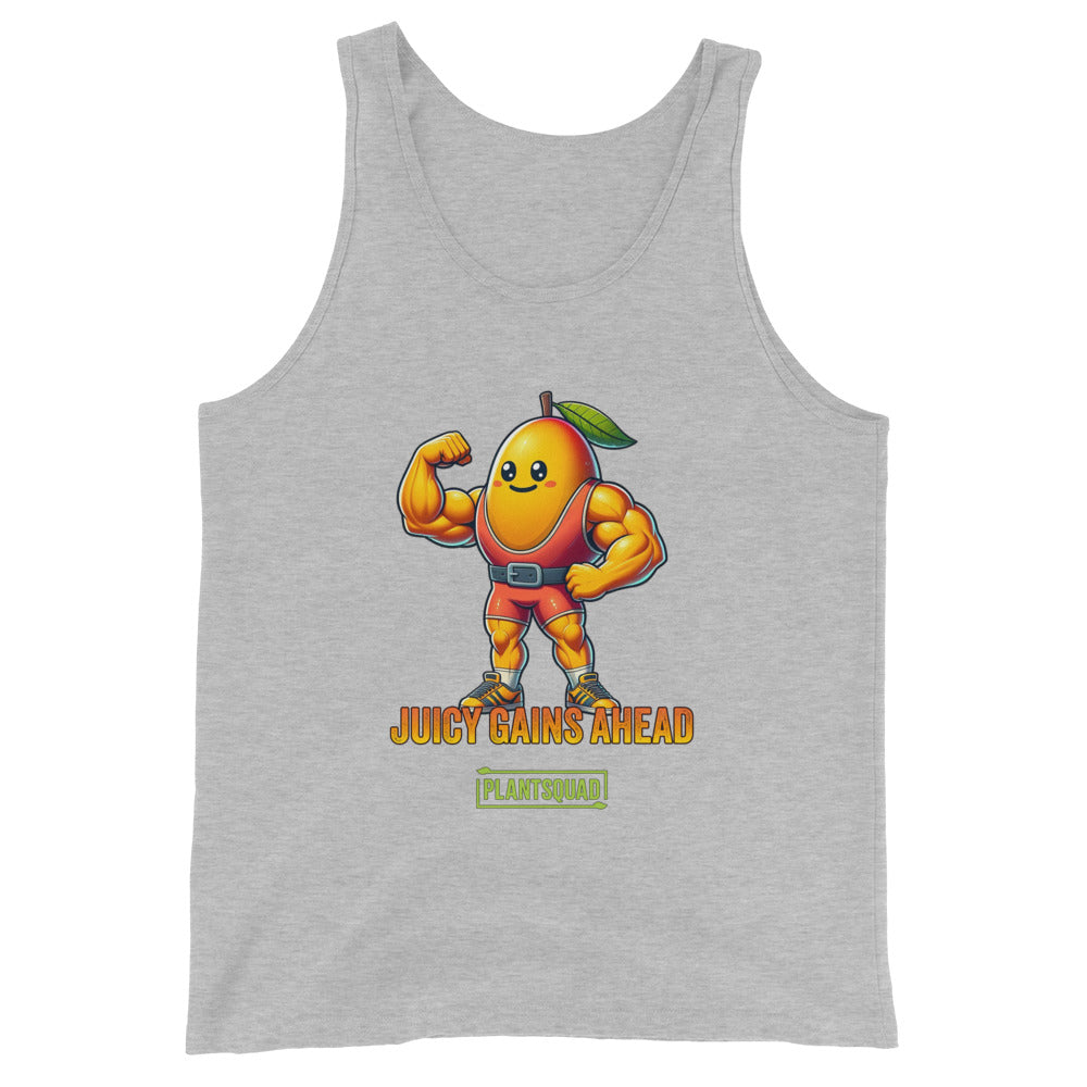 A black tank top crafted from breathable fabric, featuring a muscular, anthropomorphized mango with a leaf on its head, flexing its biceps. Below the mango, the text reads "JUICY GAINS AHEAD" in bold orange letters, with "PLANTSQUAD" written within a green box underneath—perfect for gym enthusiasts living a plant-based lifestyle. This is the Plantsquad Mango "Juicy Gains Ahead" - Unisex Tank Top.