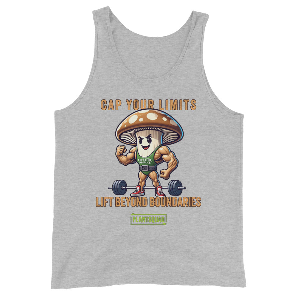 A Plantsquad Mushroom "Cap Your Limits Lift Beyond Boundaries" - Unisex Tank Top featuring a muscly mushroom design, lifting a barbell. The text reads, "CAP YOUR LIMITS LIFT BEYOND BOUNDARIES" at the top and "PLANTSQUAD" at the bottom. The vegan lifestyle-inspired mushroom wears a green shirt labeled "ATHLETIC.