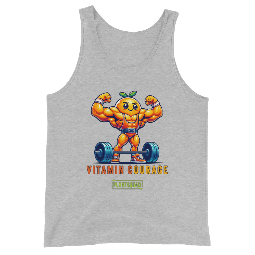 A black gym tank top featuring a muscular orange character lifting a barbell. The character has a determined face, wearing orange shorts and shoes, with a green leaf on its head. The text below reads "VITAMIN COURAGE" and "PLANTSQUAD" with a green rectangular frame around it—perfect for those embracing a vegan workout clothing style. The product is called Plantsquad Orange "Vitamin Courage" - Unisex Tank Top.