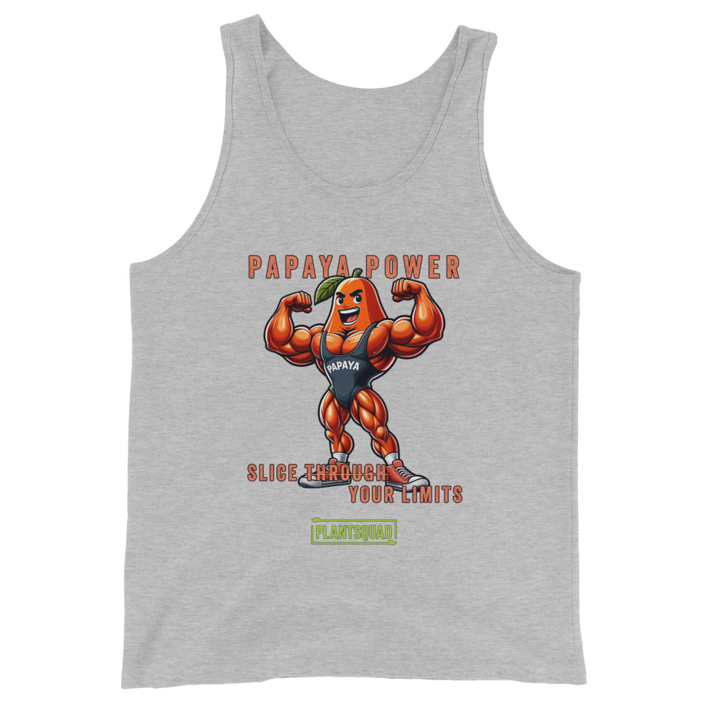 A Plantsquad Papaya "Papaya Power Slice Through Your Limits" - Unisex Tank Top featuring an illustration of a muscular papaya fruit character wearing gym attire, flexing its arms. The text reads "PAPAYA POWER" at the top, "SLICE THROUGH YOUR LIMITS" in the middle, and "PLANTSQUAD" at the bottom – perfect for those embracing a vegan lifestyle.