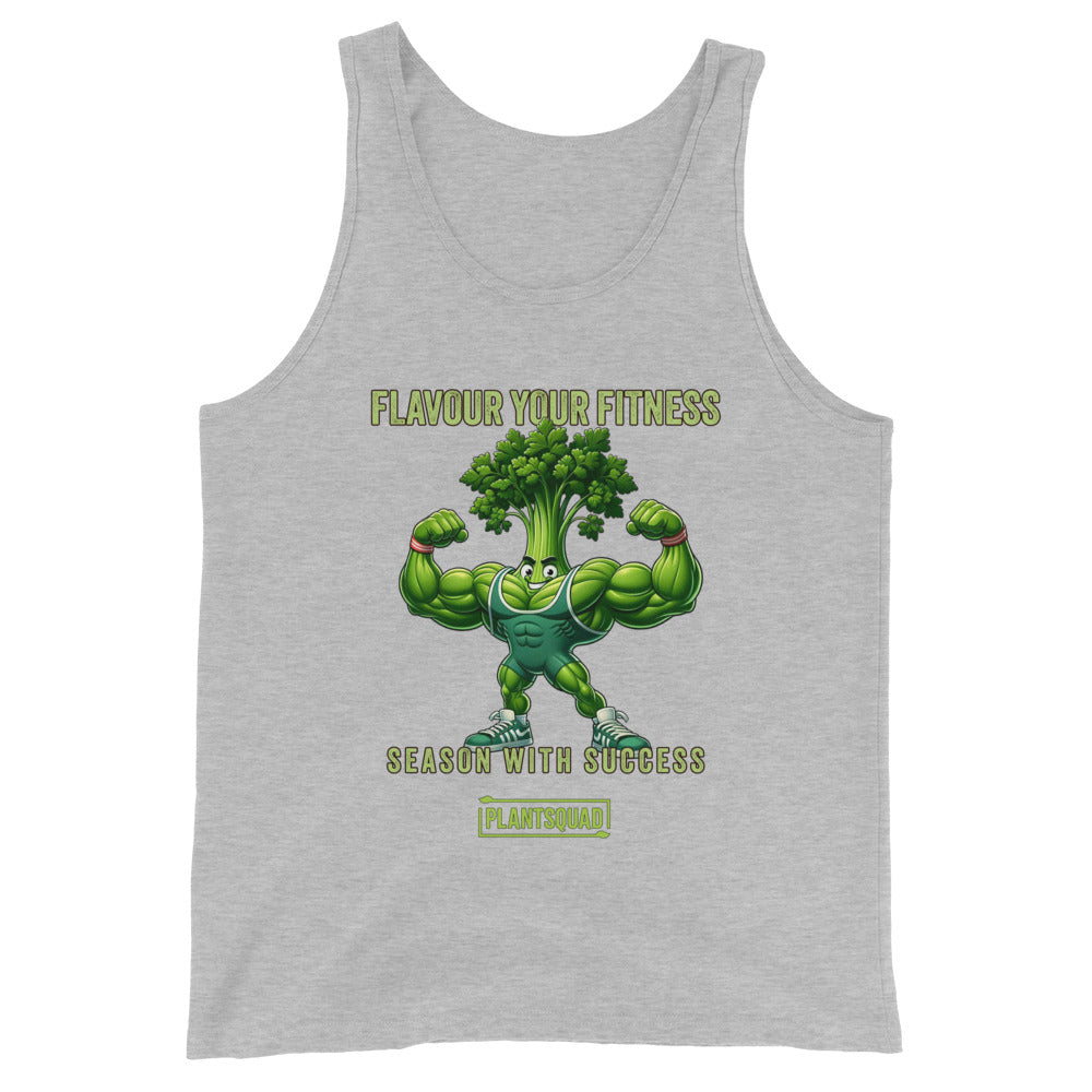 A black Plantsquad Parsley "Flavour Your Fitness Season With Success" - Unisex Tank Top featuring a cartoon image of a muscular broccoli flexing its arms. Above the broccoli, the text reads "FLAVOUR YOUR FITNESS" and below, it states "SEASON WITH SUCCESS." At the bottom, the text "PLANTSQUAD" is displayed. Perfect for your plant-based lifestyle or vegan gym wear collection.