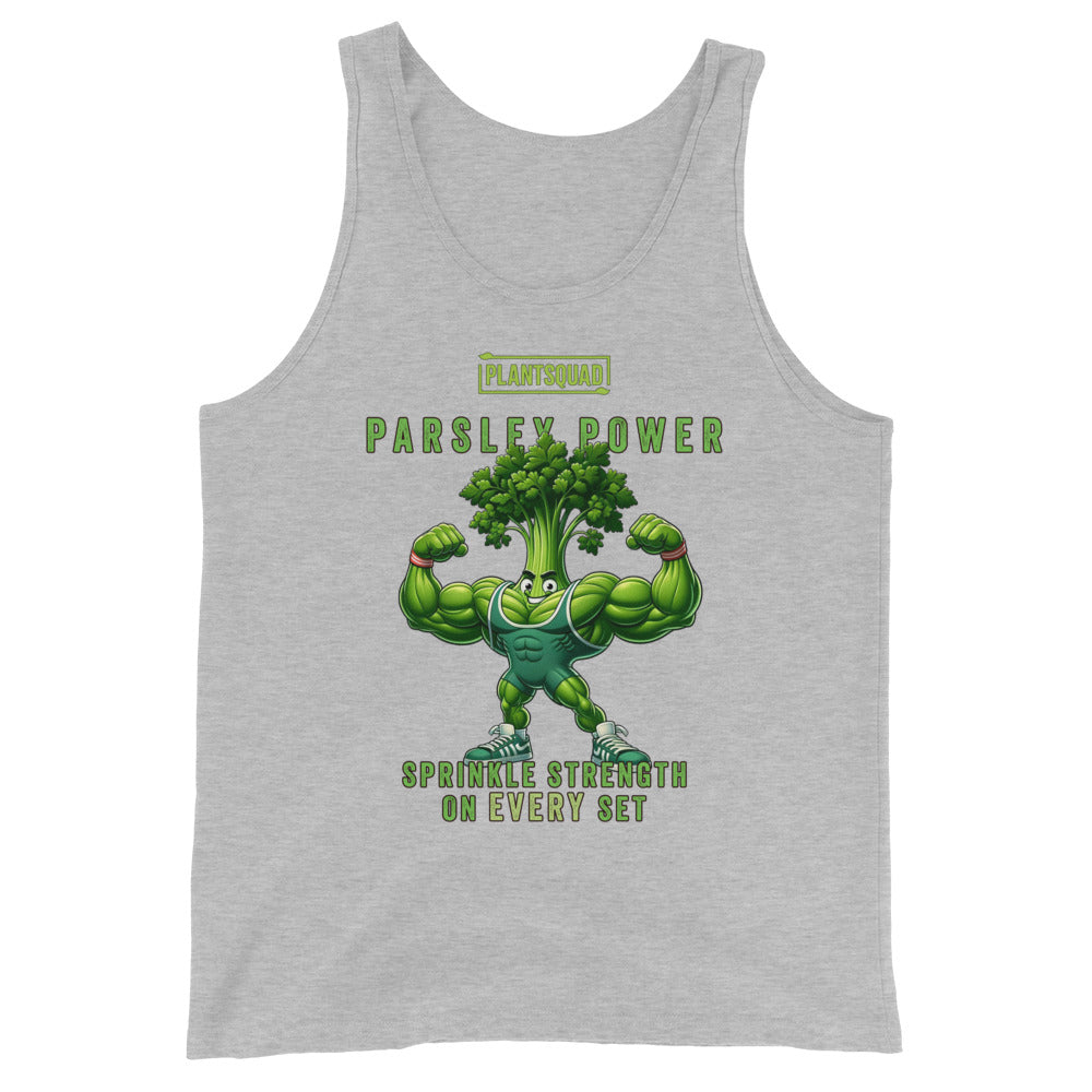 A black tank top features an illustration of a muscular anthropomorphic parsley plant flexing its biceps. Above the character, text reads "PLANTSQUAD PARSLEY POWER," and below it, the text says "SPRINKLE STRENGTH ON EVERY SET." Perfect for gym enthusiasts embracing a plant-based lifestyle, the Plantsquad Parsley "Parsley Power Sprinkle Strength On Every Set" - Unisex Tank Top is a must-have.