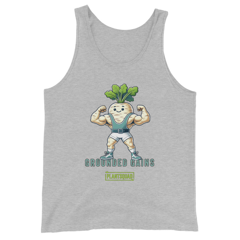 A Plantsquad Parsnip "Grounded Gains" - Unisex Tank Top featuring an illustration of a muscular radish flexing its arms in gym attire. Perfect for gym enthusiasts embracing the vegan lifestyle, it boasts the text "GROUNDED GAINS" above "PLANTSQUAD" at the bottom and is made from breathable fabric for maximum comfort.