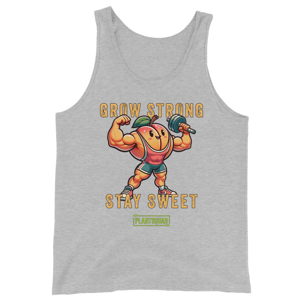 A black vegan workout tank top featuring an illustration of a muscular, happy anthropomorphic pumpkin lifting a dumbbell. The text above and below the pumpkin reads "Grow Strong Stay Sweet," with a green box at the bottom containing "PlantSquad." Perfect for showcasing your plant-based lifestyle! Introducing the Plantsquad Peach "Grow Strong Stay Sweet" - Unisex Tank Top.