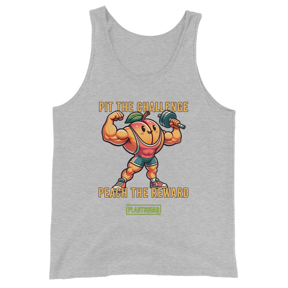 A black tank top featuring a muscly peach cartoon lifting a barbell. The text above the peach says "PIT THE CHALLENGE" and below it says "PEACH THE REWARD." Underneath, the word "PLANTSQUAD" is displayed on a green background, making it ideal vegan gym wear for those embracing a plant-based lifestyle. Plantsquad Peach "Pit The Challenge Peach The Rewards" - Unisex Tank Top