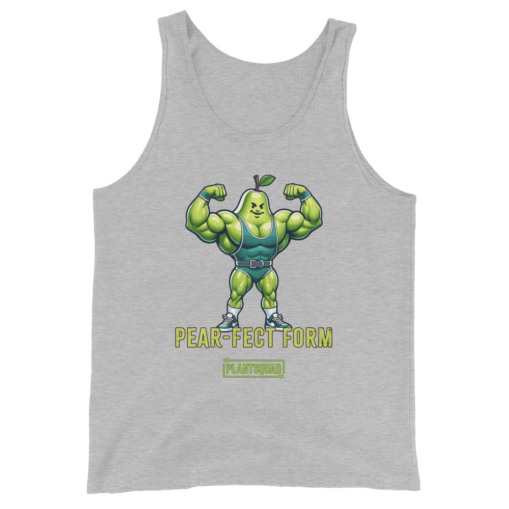 A Plantsquad Pear "Pear-fect Form" - Unisex Tank Top featuring a muscly pear cartoon flexing its arms. The text below the pear reads "PEAR-FECT FORM" with a small "PLANTSQUAD" logo underneath, making it perfect for gym enthusiasts embracing a plant-based lifestyle.