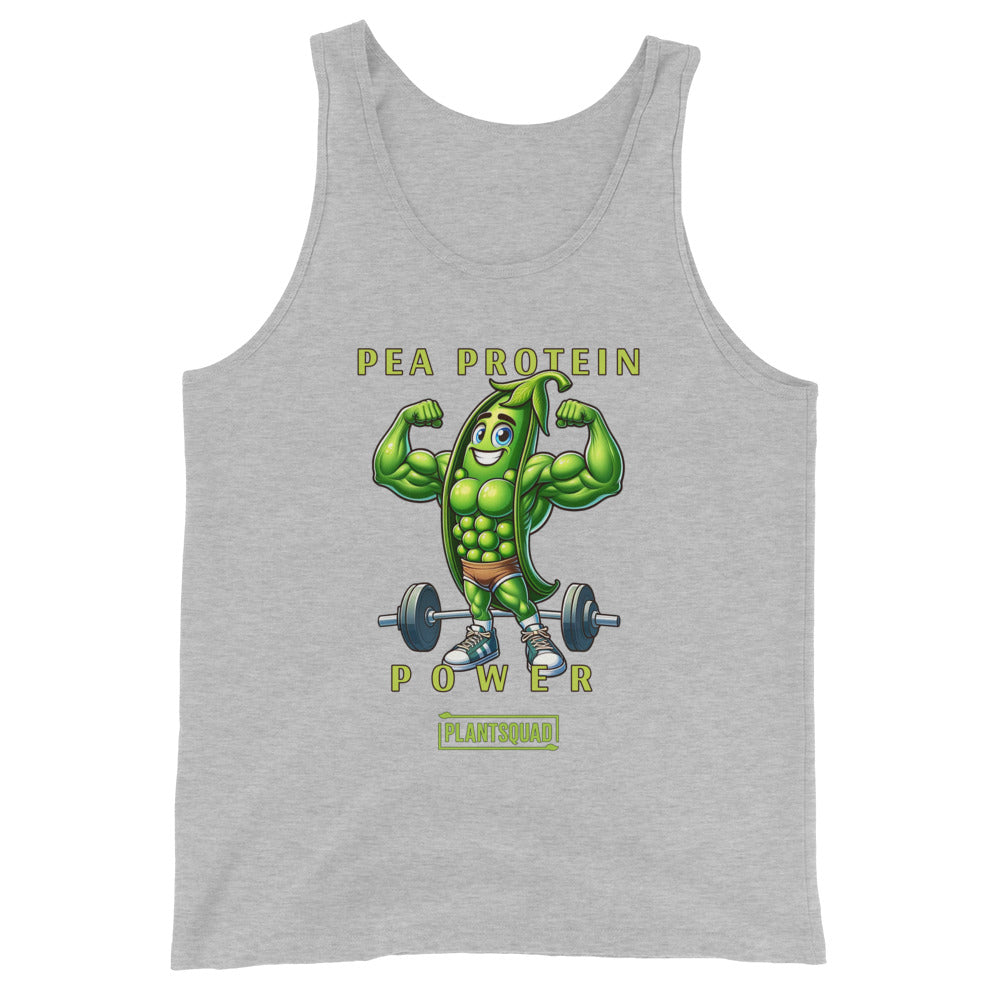 A black vegan workout tank, the Plantsquad Peas "Pea Protein Power" - Unisex Tank Top, features a muscular, anthropomorphic green pea flexing its biceps with a barbell on the ground behind it. Text above reads "Pea Protein Power" and below, "PlantSquad." The design promotes plant-based fitness.