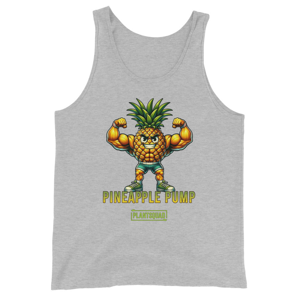 The Plantsquad Pineapple "Pineapple Pump" - Unisex Tank Top showcases a muscular cartoon pineapple flexing its muscles, with the text "Pineapple Pump" and "Plant SQUAD" printed below. Perfect for vegan gym enthusiasts, the smiling pineapple with a green leafy top embodies a plant-based lifestyle.