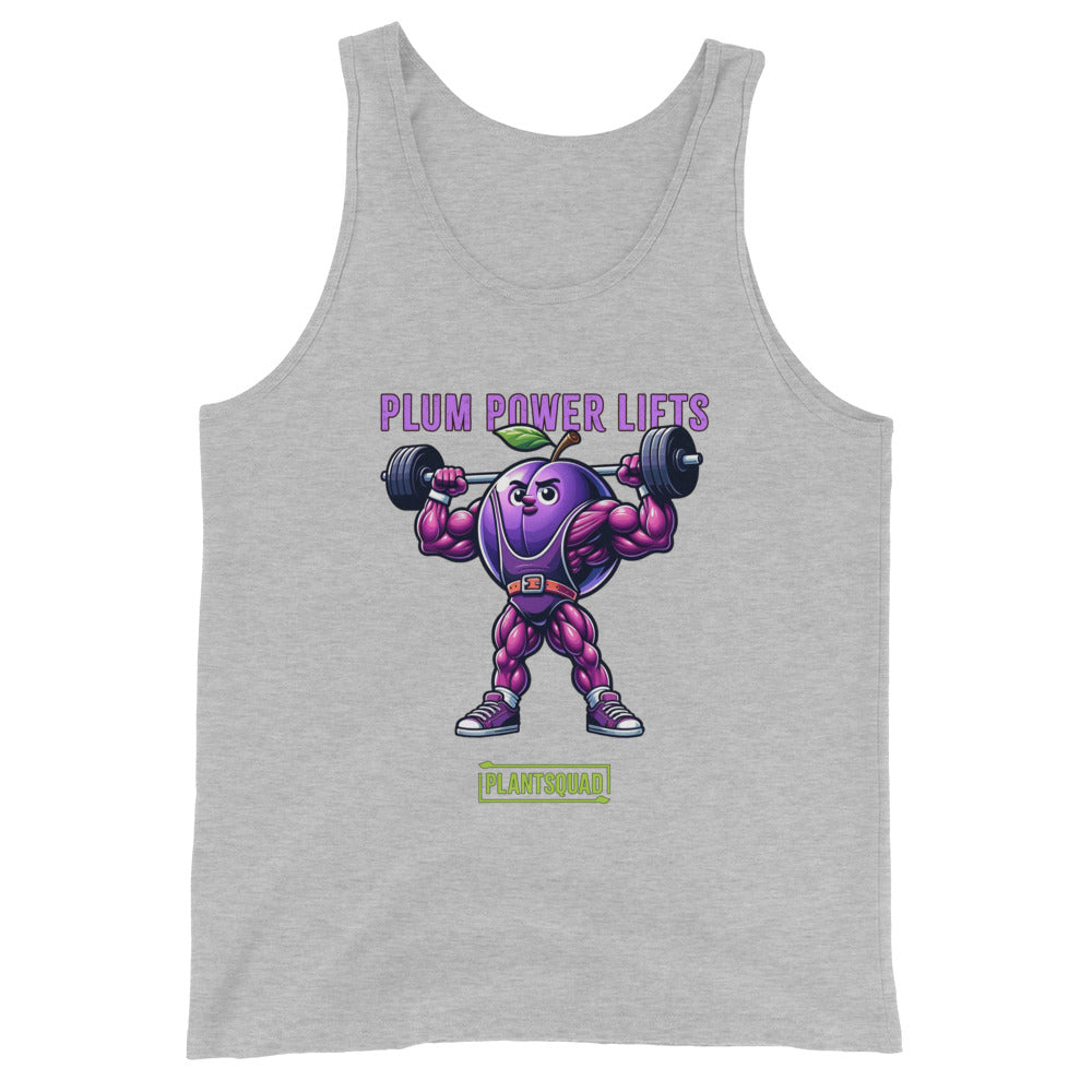 A black Plantsquad Plum "Plum Power Lifts" - Unisex Tank Top featuring a muscular cartoon plum lifting barbells. The text "PLUM POWER LIFTS" is displayed above the plum, and "PLANTSQUAD" is written at the bottom in green and white. Perfect for gym enthusiasts embracing a vegan lifestyle.