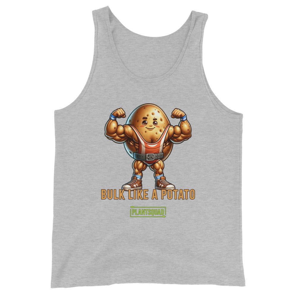 A black gym tank top features a muscular, cartoon potato lifting weights. The text below the potato reads, "BULK LIKE A POTATO," and underneath, "PLANTSQUAD" is written in green. This Plantsquad Potato "Bulk Like A Potato" - Unisex Tank Top is perfect for plant-based fitness enthusiasts.