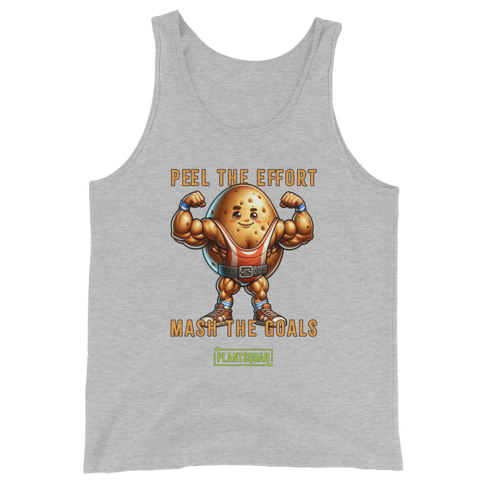 A Plantsquad Potato "Peel The Effort Mash The Goals" - Unisex Tank Top with a graphic of a muscly potato cartoon sporting muscular arms, wearing a belt, and flexing. Text reads "Peel the Effort" above and "Mash the Goals" below. A small "PlantSquad" logo is at the bottom. Perfect as plant-based gym apparel for your vegan workout routine.