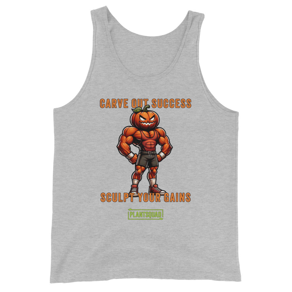 The Plantsquad Pumpkin "Carve Out Your Success Sculpt Your Gains" - Unisex Tank Top is a black vegan tank top featuring a muscular, anthropomorphic pumpkin lifting weights. Above the pumpkin, text reads "Carve Out Success." Below, text reads "Sculpt Your Gains." At the bottom is a green rectangular logo with the inscription "Plantsquad." Perfect for your next workout session.