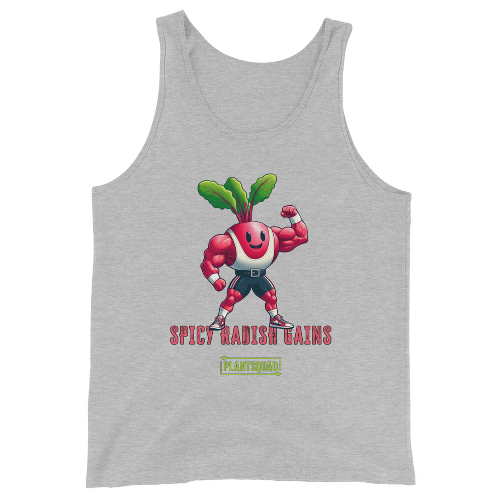 A black tank top featuring a cartoon radish character with muscular arms flexing, smiling, and wearing sneakers. The text "SPICY RADISH GAINS" is printed below the character, celebrating a plant-based lifestyle with "PLANTSQUAD" in a green box beneath the main text. Perfect vegan gym wear! Introducing the Plantsquad Radish "Spicy Radish Gains" - Unisex Tank Top.