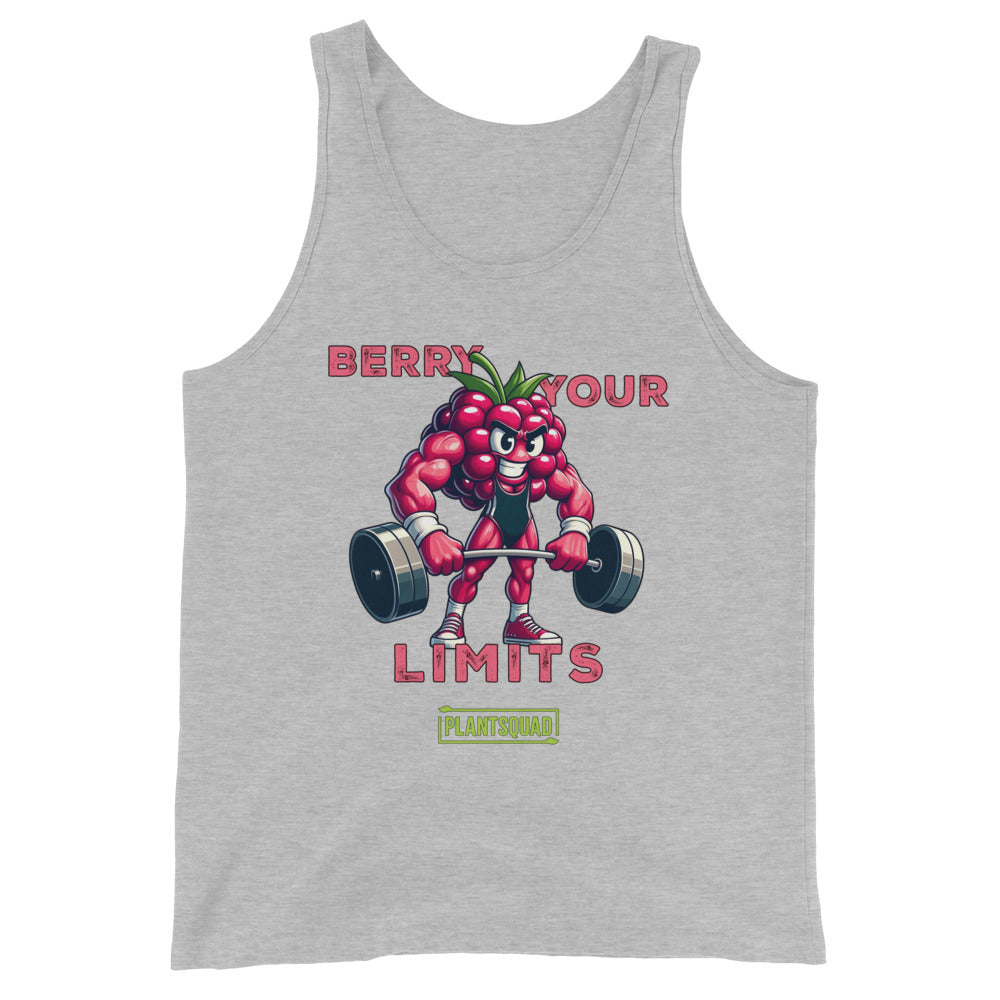 A Plantsquad Raspberry "Berry Your Limits" - Unisex Tank Top features a muscly raspberry cartoon lifting a barbell, embodying the plant-based lifestyle. The text "BERRY YOUR LIMITS" appears above the image, and "PLANTSQUAD" is displayed in a green box below the character.