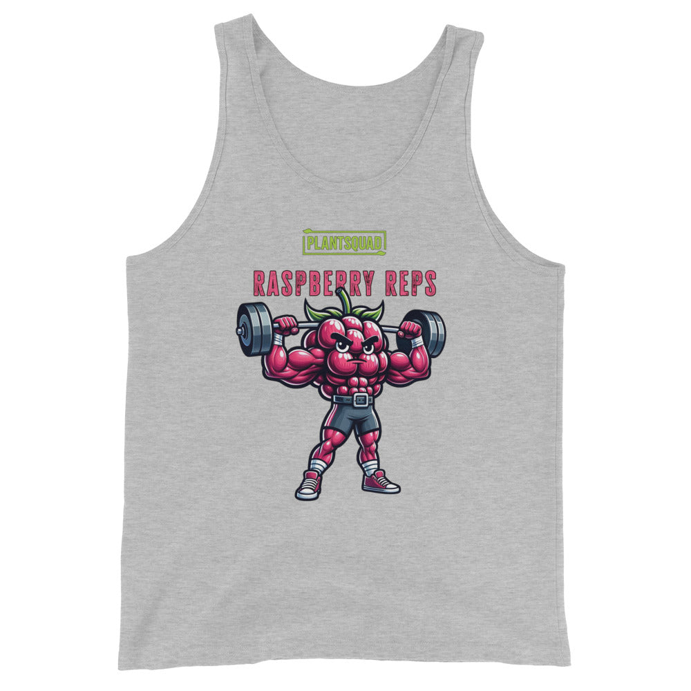 A black Plantsquad Raspberry "Raspberry Reps" - Unisex Tank Top featuring a muscly raspberry character lifting barbells. The character has muscular arms and legs, and is wearing shorts. Above it are the words "PLANTSQUAD" and "Raspberry Reps" in stylized fonts, perfect for fans of vegan fitness apparel.