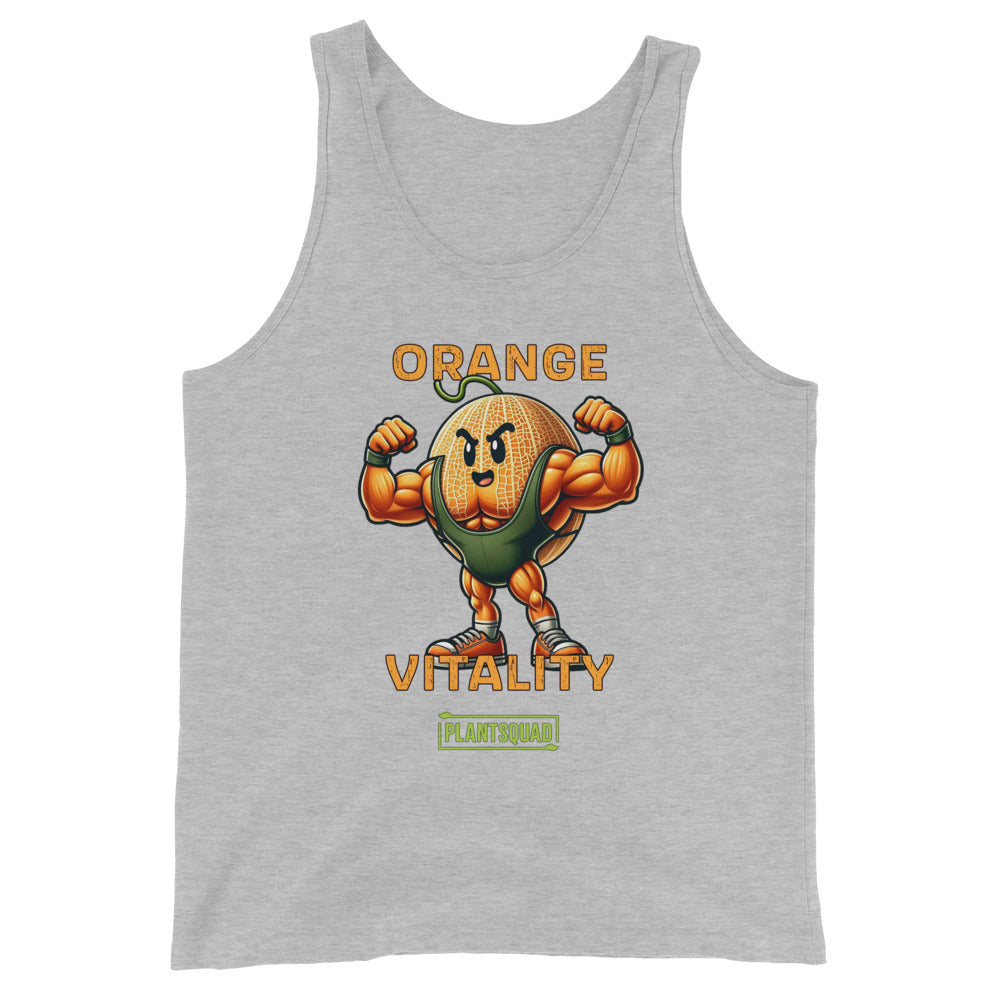 A black tank top featuring an illustrated muscular orange character flexing its arms. Above the character, the text reads "Orange Vitality" in bold orange letters, and below, a green banner with white text reads "PlantSquad." Perfect for gym enthusiasts who appreciate breathable fabric and a vegan lifestyle.

Replace with: The Plantsquad Rockmelon "Orange Vitality" - Unisex Tank Top is perfect for gym enthusiasts who appreciate breathable fabric and a vegan lifestyle.