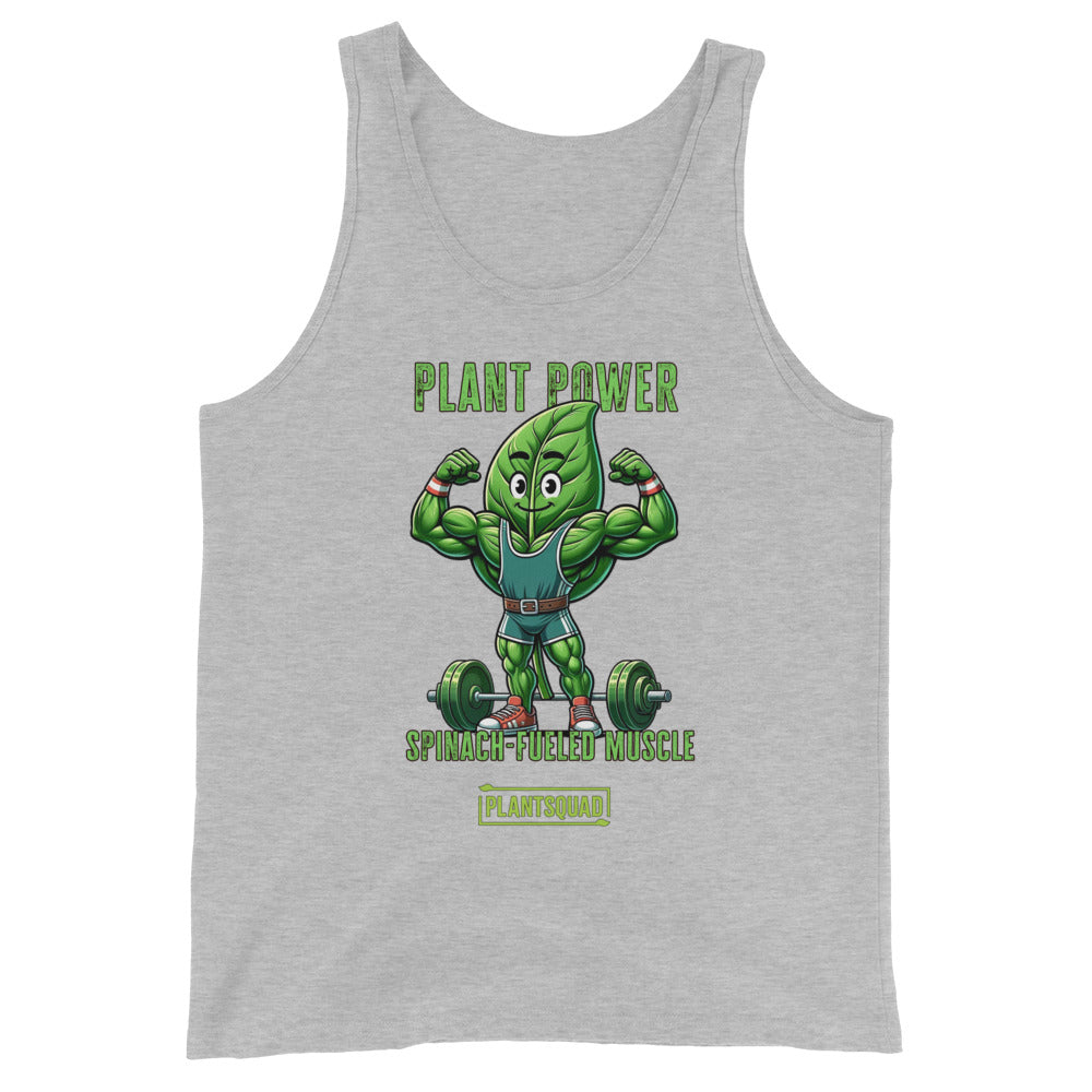 A Plantsquad Spinach "Plant Power Spinach Fueled Muscle" - Unisex Tank Top features a strong cartoon spinach character lifting weights. The text above the character reads "Plant Power," while below it says "Spinach-Fueled Muscle" and "Plantsquad Fitness Apparel." The design promotes a plant-based workout and strength.