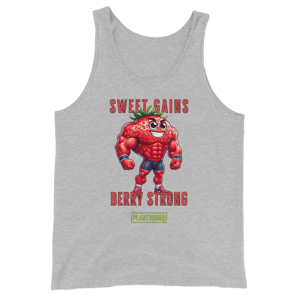 A black Plantsquad Strawberry "Sweet Gains Berry Strong" - Unisex Tank Top featuring a muscular, anthropomorphic strawberry character flexing. Above the strawberry, text reads "Sweet Gains," and below it, "Berry Strong." At the bottom, a green logo with the text "Plantsquad." Perfect for showcasing your plant-based lifestyle in the gym.