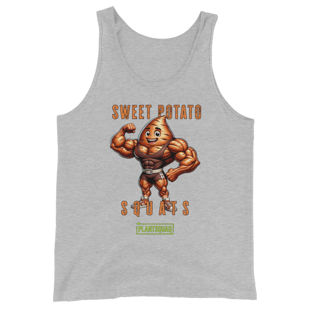 The Plantsquad Sweet Potato "Sweet Potato Squats" - Unisex Tank Top is a black vegan gym tank top featuring an illustration of a muscular anthropomorphic sweet potato flexing its arms. Above it, the text says "Sweet Potato Squats" and below it, a small green banner says "PlantSquad." Perfect for showcasing your plant-based lifestyle at the gym!