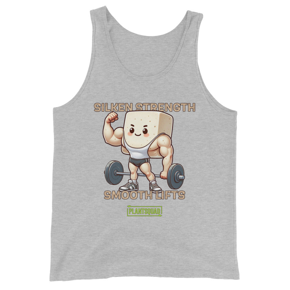 A black Plantsquad Tofu "Silken Strength Smooth Lifts" - Unisex Tank Top featuring a cartoon illustration of a muscular tofu block lifting a barbell. The text above reads "SILKEN STRENGTH," and below it says "SMOOTH LIFTS." Crafted from premium breathable fabric, this tank also has a small green logo with the text "PLANTSQUAD" for your vegan lifestyle.