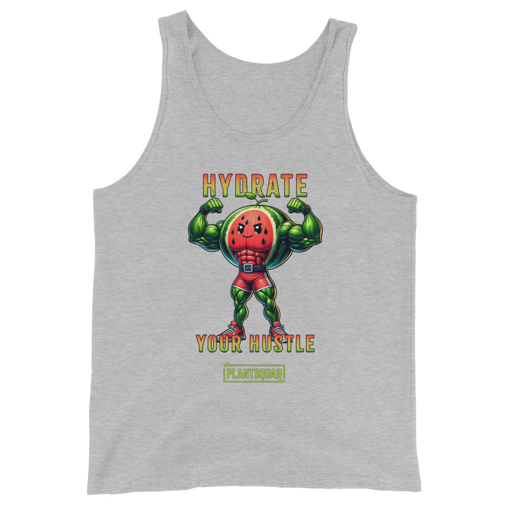 A Plantsquad Watermelon "Hydrate Your Hustle" - Unisex Tank Top featuring a muscular cartoon watermelon character flexing its arms. Text above the character reads "HYDRATE" and below it reads "YOUR HUSTLE" in bold letters. The breathable fabric ensures comfort, while the bottom displays the logo "PLANTSQUAD," perfect for a vegan lifestyle.