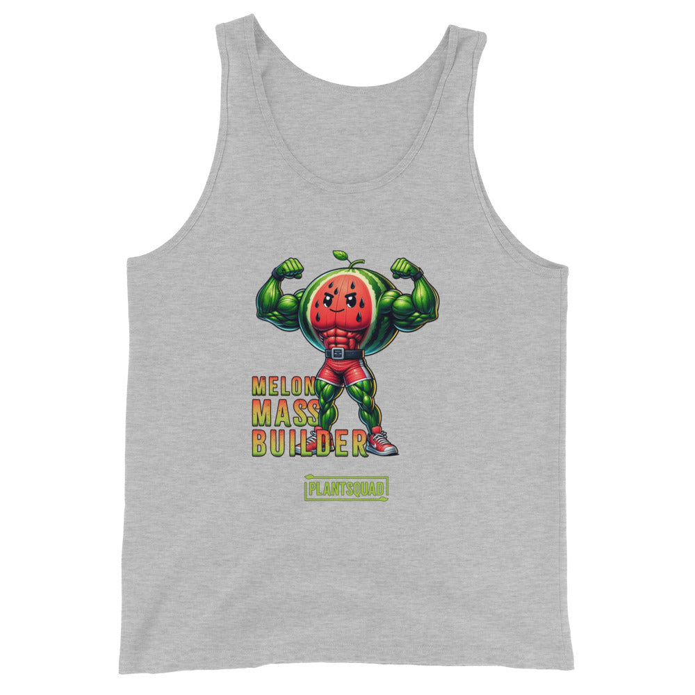 A Plantsquad Watermelon "Melon Mass Builder" - Unisex Tank Top featuring a graphic of a muscular watermelon character flexing its biceps. The text "Melon Mass Builder" and "Plant Squad" are displayed in stylized fonts near the character, making it an ideal piece of plant based workout apparel.