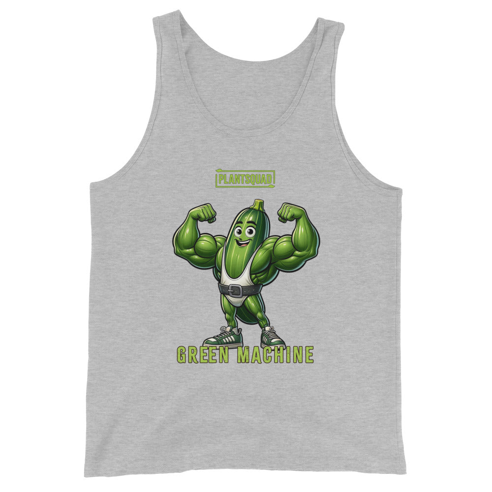 A black Plantsquad Zucchini "Green Machine" - Unisex Tank Top features a cartoon image of a muscular green vegetable character flexing its arms. Above the character, the text "PLANTSQUAD" is written, and below it, "GREEN MACHINE" is displayed. The character has a smiling face, sneakers, and a belt, perfect for promoting your plant-based lifestyle.