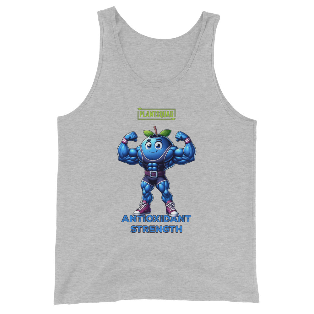 A black **Plantsquad Blueberry "Antioxidant Strength" - Unisex Tank Top** featuring a muscly blueberry cartoon flexing its arms. Above the blueberry, the word "Plantsquad" is displayed in a green box. Below the character, the words "Antioxidant Strength" are written in blue. Perfect for embracing a vegan lifestyle with premium breathable fabric for ultimate comfort.