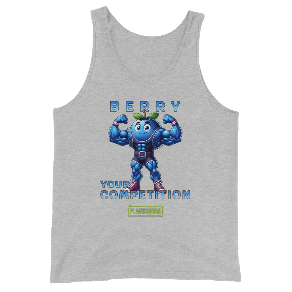 The Plantsquad Blueberry "Berry Your Competition" - Unisex Tank Top for gym enthusiasts features a muscular cartoon blueberry character flexing its arms. Above the character, text reads "BERRY," and below the character, text reads "YOUR COMPETITION." Made from breathable fabric, it also includes a green and yellow "PLANTSQUAD" logo at the bottom.