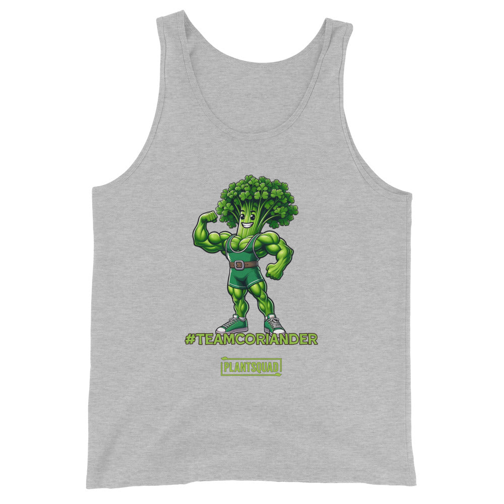 The Plantsquad Coriander "Team Coriander" - Unisex Tank Top showcases a muscular cartoon broccoli flexing its bicep, perfect for gym enthusiasts. Below the character, the text "#TeamCoriander" stands out, while "PlantSquad" is displayed inside a rectangle. Ideal for those embracing a vegan lifestyle.