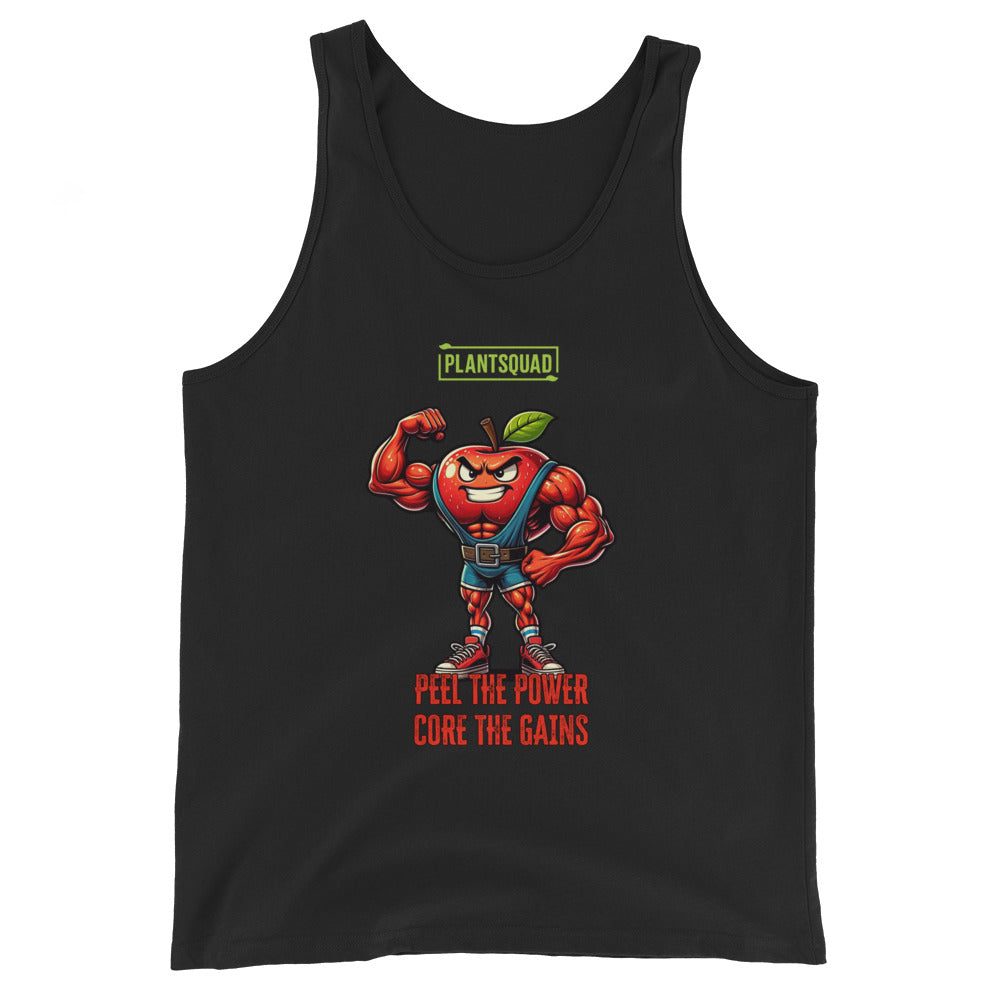 The Plantsquad Apple "Peel The Power Core The Gains" - Unisex Tank Top features a muscular anthropomorphic red apple character flexing its arm. Above it, the text reads "PLANTSQUAD," and below, "PEEL THE POWER, CORE THE GAINS" in bold letters. The apple character wears a weightlifting belt and sneakers, making it perfect for gym enthusiasts who prefer breathable fabric and a vegan lifestyle.