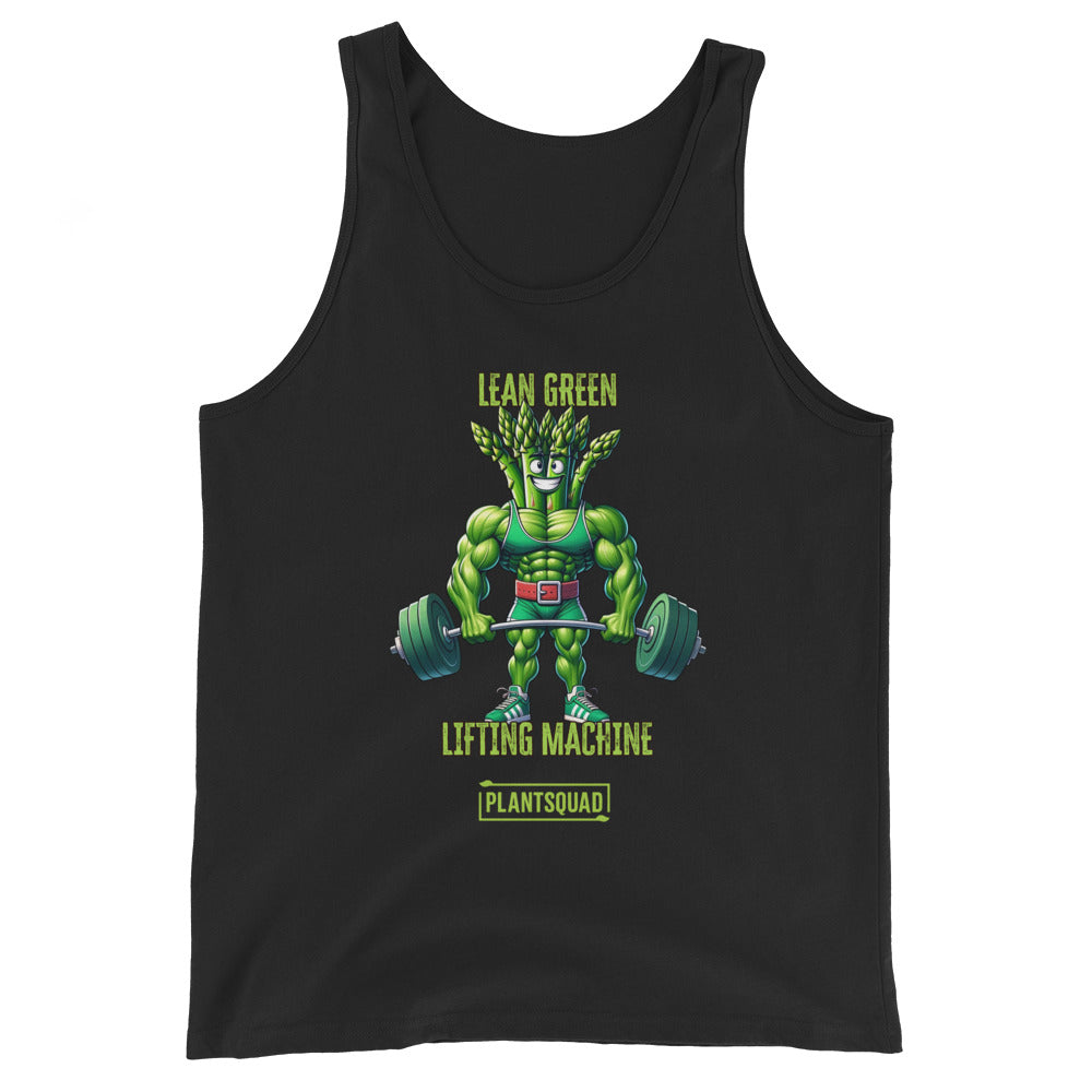 A black vegan Plantsquad Asparagus "Lean Green Lifting Machine" - Unisex Tank Top featuring an illustration of a muscular, green plant-like character lifting a barbell with heavy weights. Above the character is the text "Lean Green Lifting Machine" and below is the text "Plant Squad." Perfect for those embracing a plant-based lifestyle.