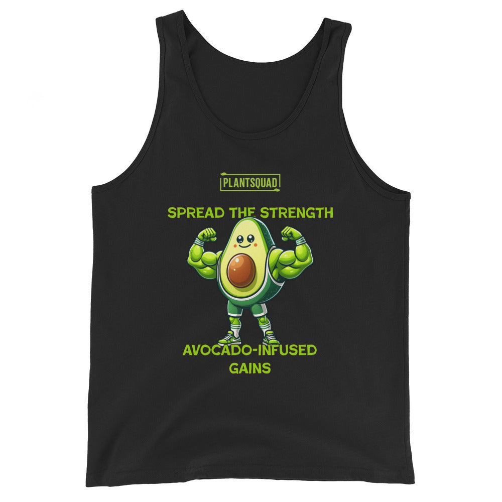 A Plantsquad Avocado "Spread The Strength Avocado-Infused Gains" - Unisex Tank Top featuring a muscly avocado cartoon flexing its arms. Above the avocado, it reads "PLANTSQUAD," while below it says, "SPREAD THE STRENGTH AVOCADO-INFUSED GAINS" in yellow-green letters. Perfect for embracing a plant-based lifestyle and vegan gym wear enthusiasts.