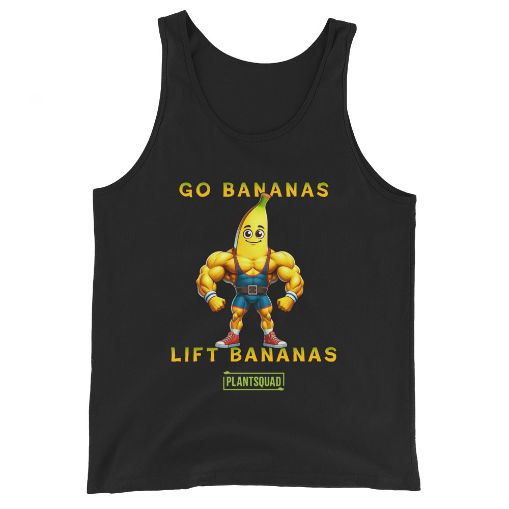 A Plantsquad Banana "Go Bananas Lift Bananas" - Unisex Tank Top featuring a cartoon banana character with a muscular body. The banana is wearing a weightlifting belt and black shorts. The text reads "GO BANANAS LIFT BANANAS" in yellow, with a small green box below containing the word "PLANTSQUAD." Perfect for gym enthusiasts embracing a plant-based lifestyle.