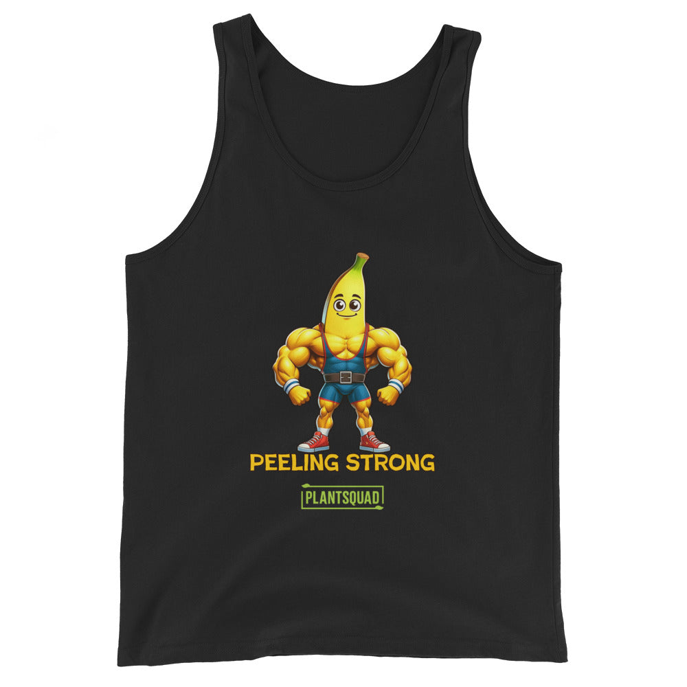 A Plantsquad Banana "Peeling Strong" - Unisex Tank Top features a muscly banana cartoon with a muscular human body, wearing gym clothes and flexing its arms. The text "PEELING STRONG" is written below the image, with "PLANTSQUAD" displayed underneath in a green rectangle, perfect for those embracing a plant-based lifestyle and vegan gym wear.