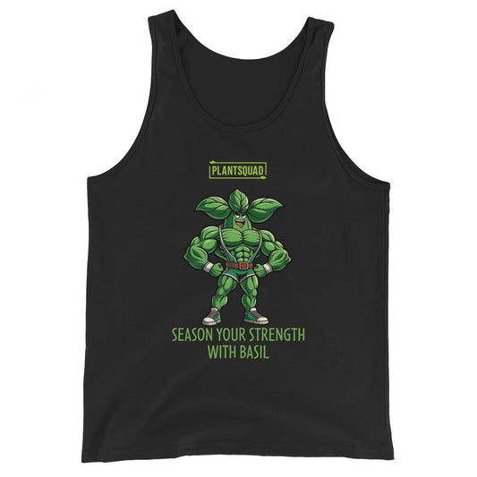 A black, plant-based tank top featuring a muscular, anthropomorphic basil plant character flexing its muscles. Above the character, text reads "PLANTSQUAD," and below it says "Season Your Strength with Basil." Perfect for those seeking vegan gym clothes or breathable workout apparel, this is the Plantsquad Basil "Season Your Strength With Basil" - Unisex Tank Top.