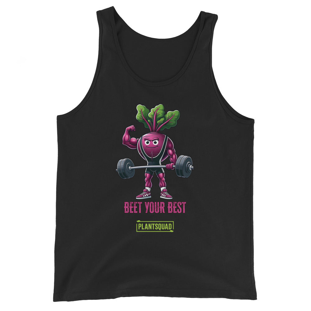 The Plantsquad Beetroot "Beet Your Best" - Unisex Tank Top features an illustration of a muscular beetroot character lifting a barbell. The text below the character reads "BEET YOUR BEST" in red and "PLANTSQUAD" in green. Perfect for gym enthusiasts embracing a plant-based lifestyle.