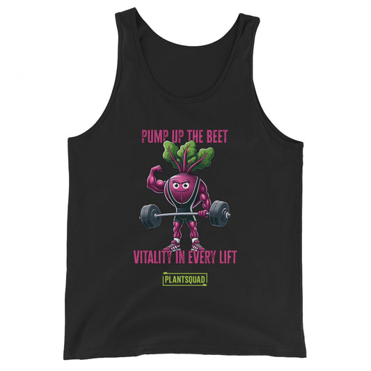 A black tank top featuring a muscular cartoon beet lifting a barbell. Text above the beet reads "PUMP UP THE BEET," and text below reads "VITALITY IN EVERY LIFT." Crafted from breathable fabric, it's perfect for gym enthusiasts embracing a vegan lifestyle. The "PLANTSQUAD" logo is at the bottom. The beet has green leaves for hair.

Product Name: Plantsquad Beetroot "Pump Up The Beet Vitality In Every Lift" - Unisex Tank Top